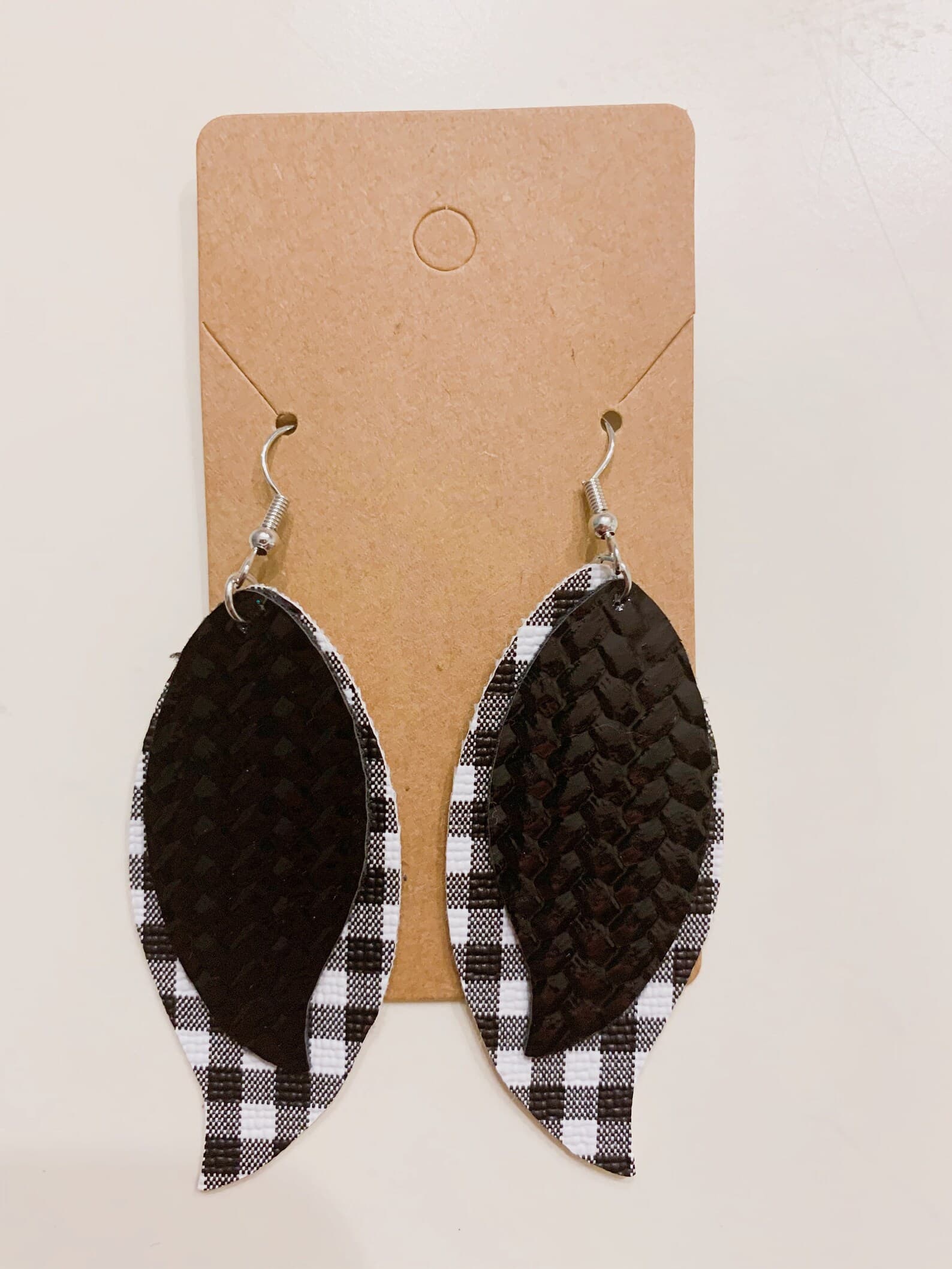 Black And White Plaid Wave Stacked Faux Leather Earrings