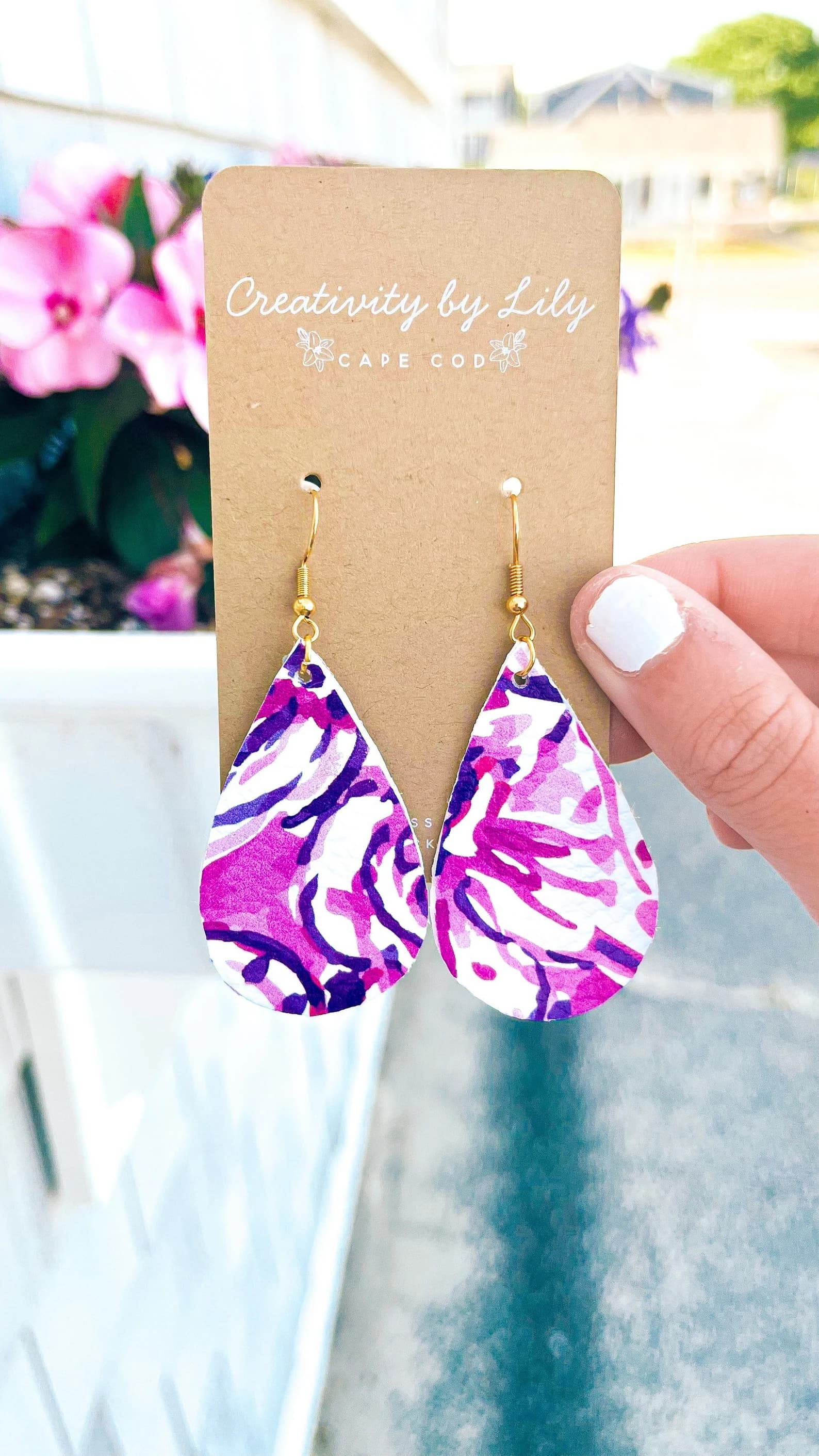 Purple And Pink Lilly Inspired Dangle Earrings Gold Hypoallergenic Hooks